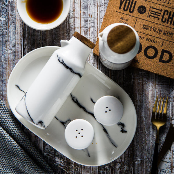 Ceramic Salt and Pepper Shaker + Oil and Vinegar Bottle Set