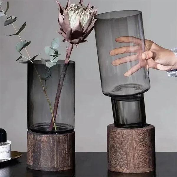 Harmony Wood Base Glass Vases