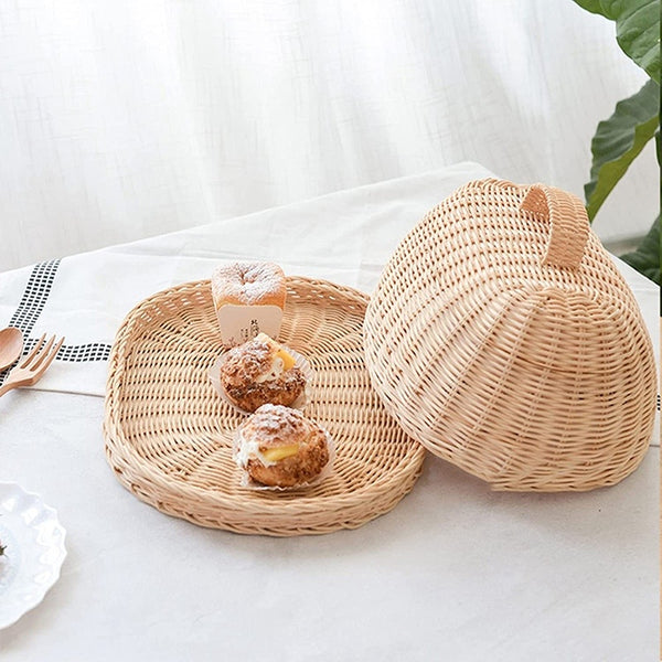 Tray With Lid  Food Cover Dustproof Storage Rattan Basket